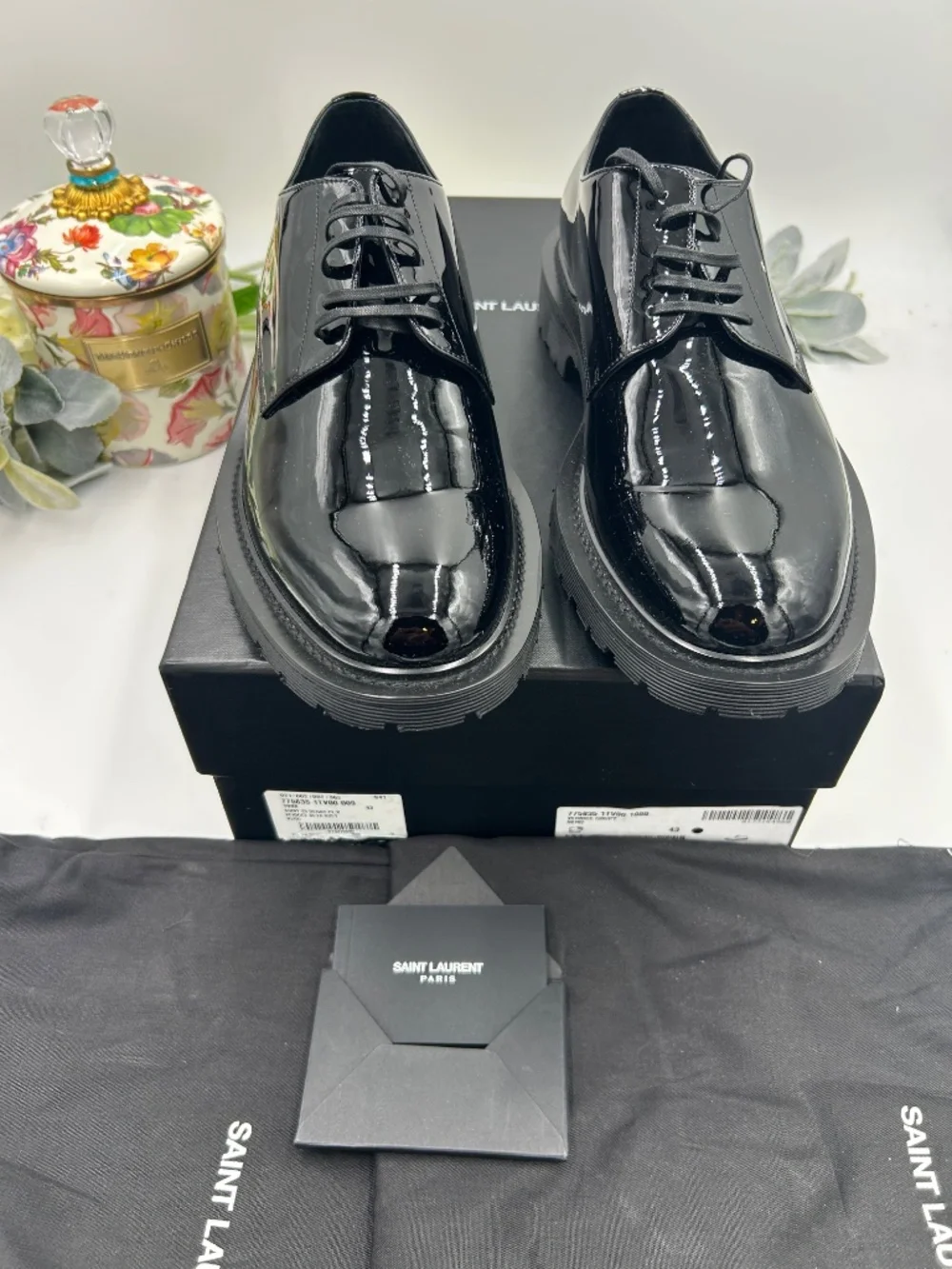 Men’s St. Laurent Black Patent Leather Derby Lace-Ups.  Size 43/10 US.